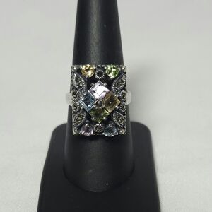 Thailand Vintage Sterling Silver Multi-Color Gemstone Cluster Ring 8.5